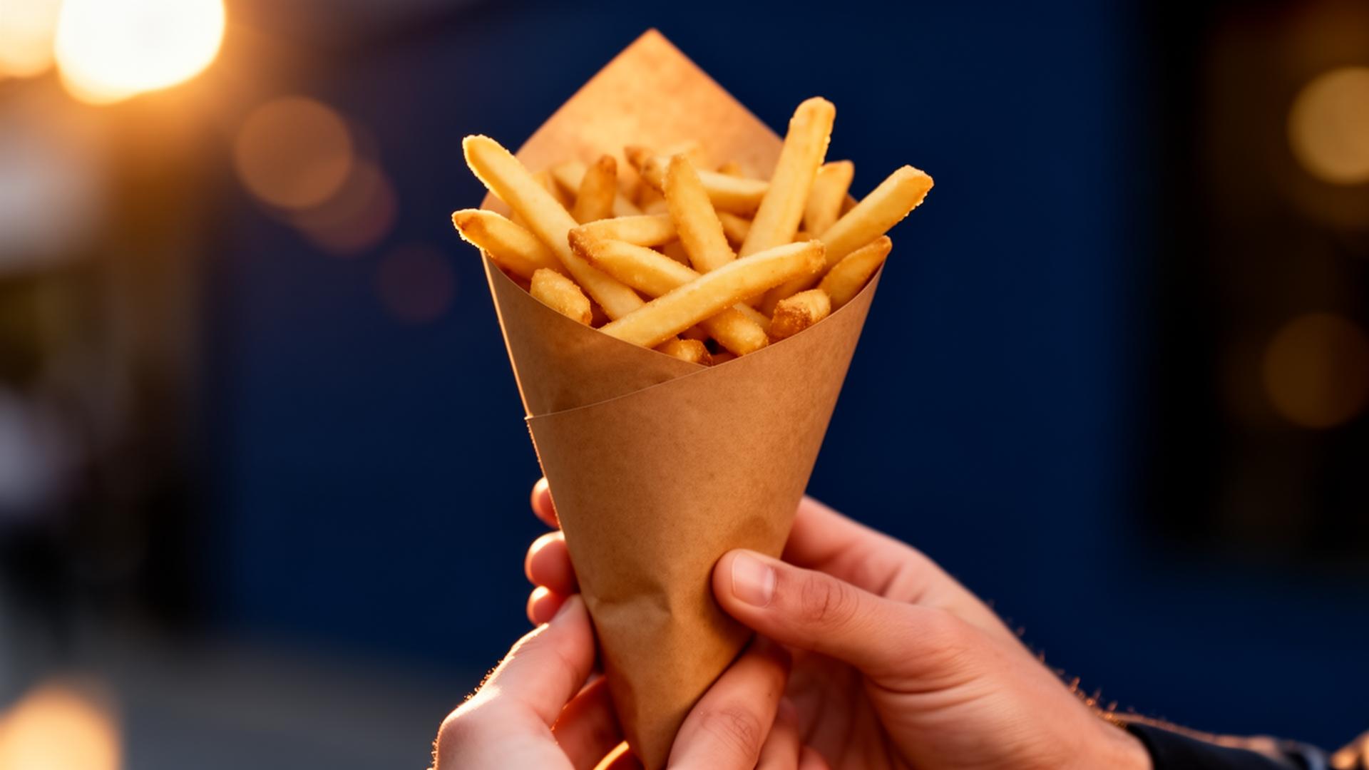 Cone de batatas fritas crocantes ao entardecer